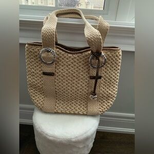 Vintage BRIGHTON Woven Crochet Leather Medium Tote Purse Brown Women’s Like New